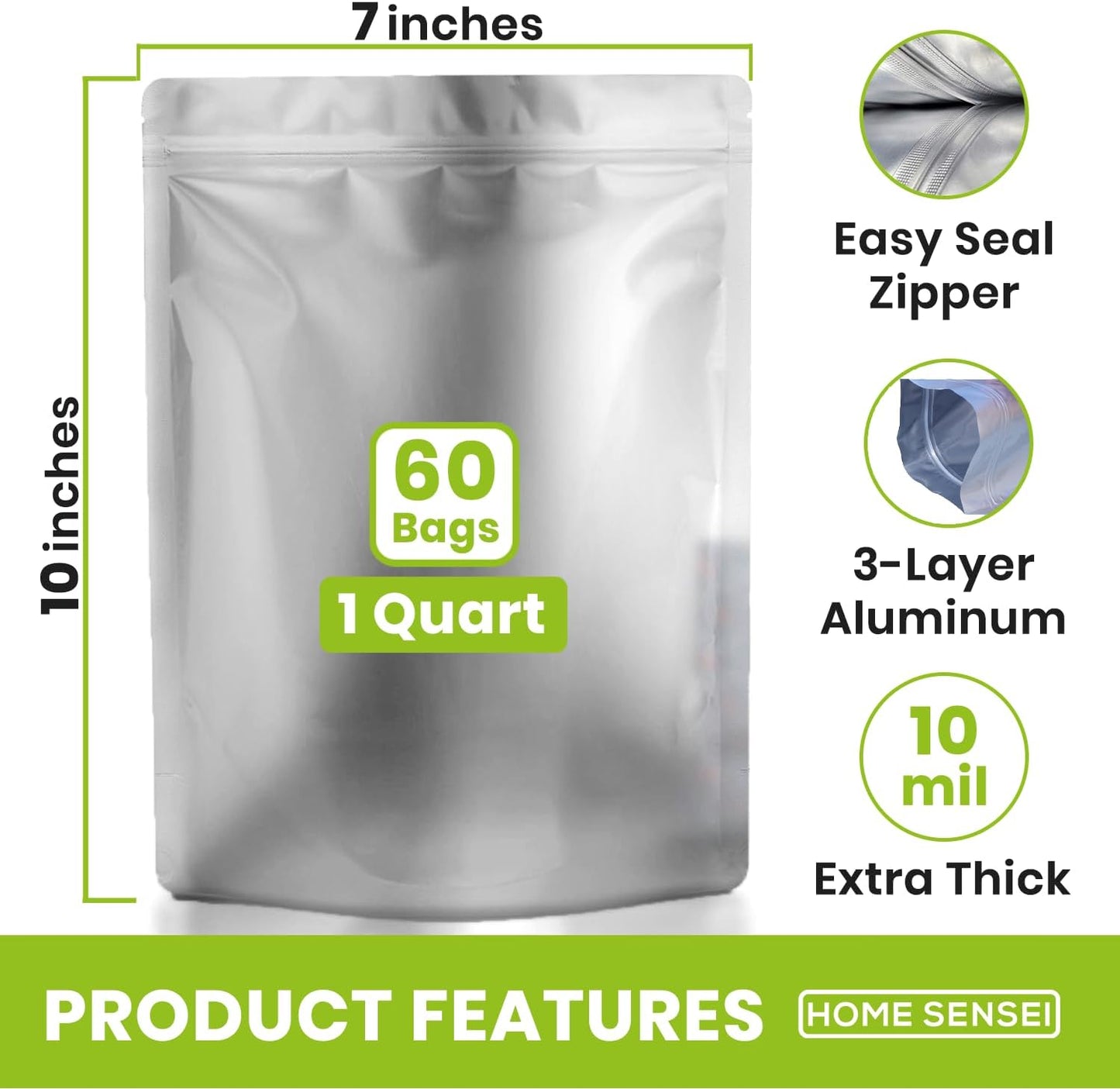 60pcs 1 Quart Mylar Bags for Food Storage - ExtraThick 10 Mil - Smell Proof Mylar bags 1 Quart - Stand-Up Zipper Pouches 7" x 10" - Small Mylar Bags for Food Storage - Heat Sealable
