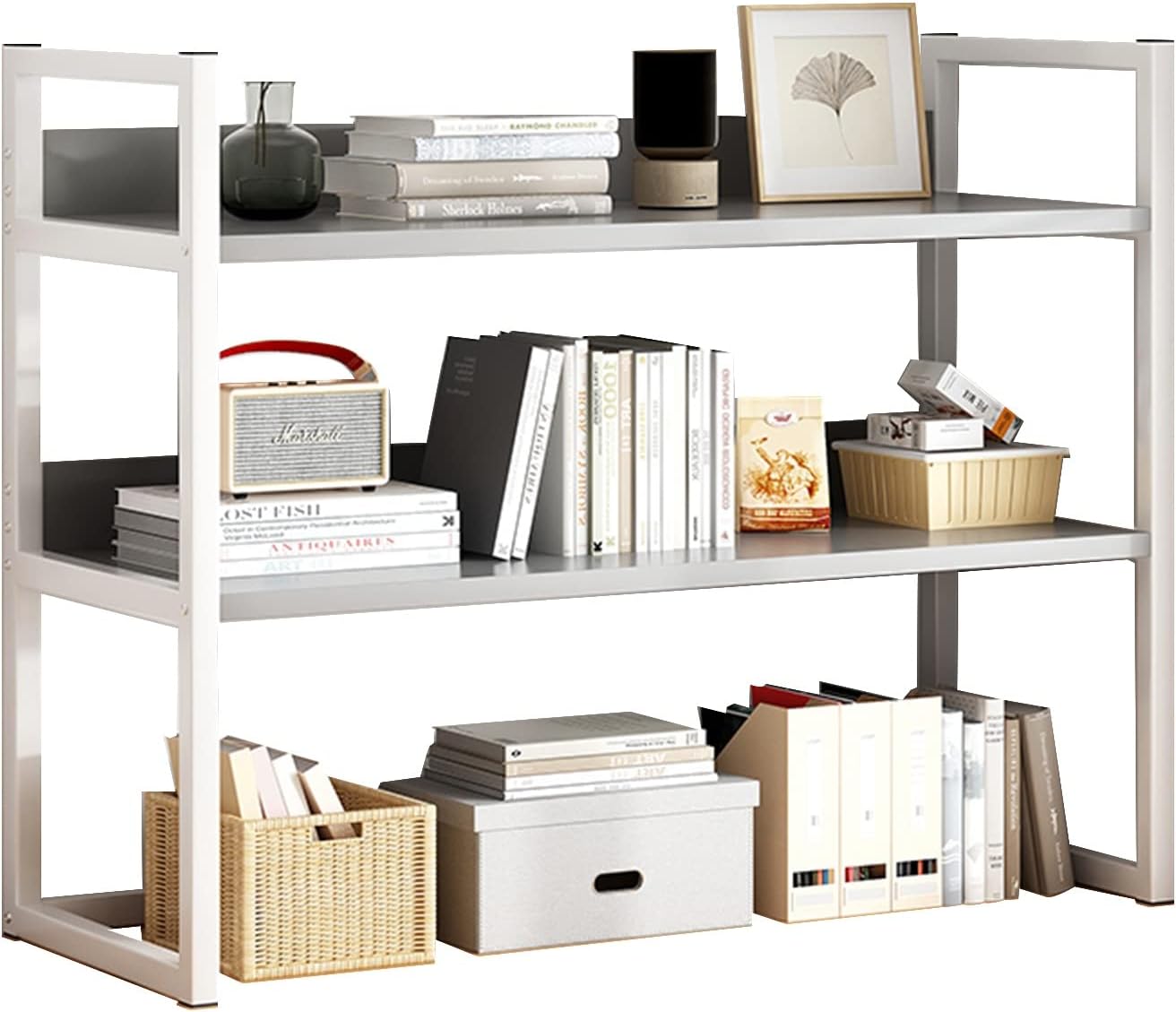 Desktop Bookcase for Computer Desk,2 Tier Adjustable Desk Bookshelf, Wood and Metal Printer Stand Office Supplies Organizers and Storage Display Shelf