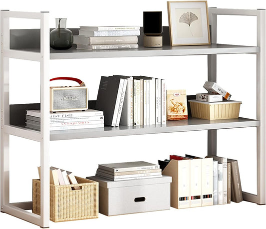 Desktop Bookcase for Computer Desk,2 Tier Adjustable Desk Bookshelf, Wood and Metal Printer Stand Office Supplies Organizers and Storage Display Shelf