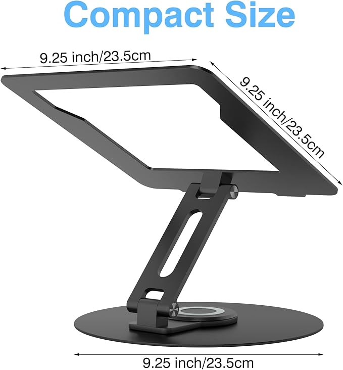 Swivel Laptop Stand for Desk, Adjustable Height Aluminum Computer Stand with 360 Rotating Base, Foldable Ergonomic Riser, Portable Laptop Holder Compatible with MacBook, All Laptops 10-17'', Black