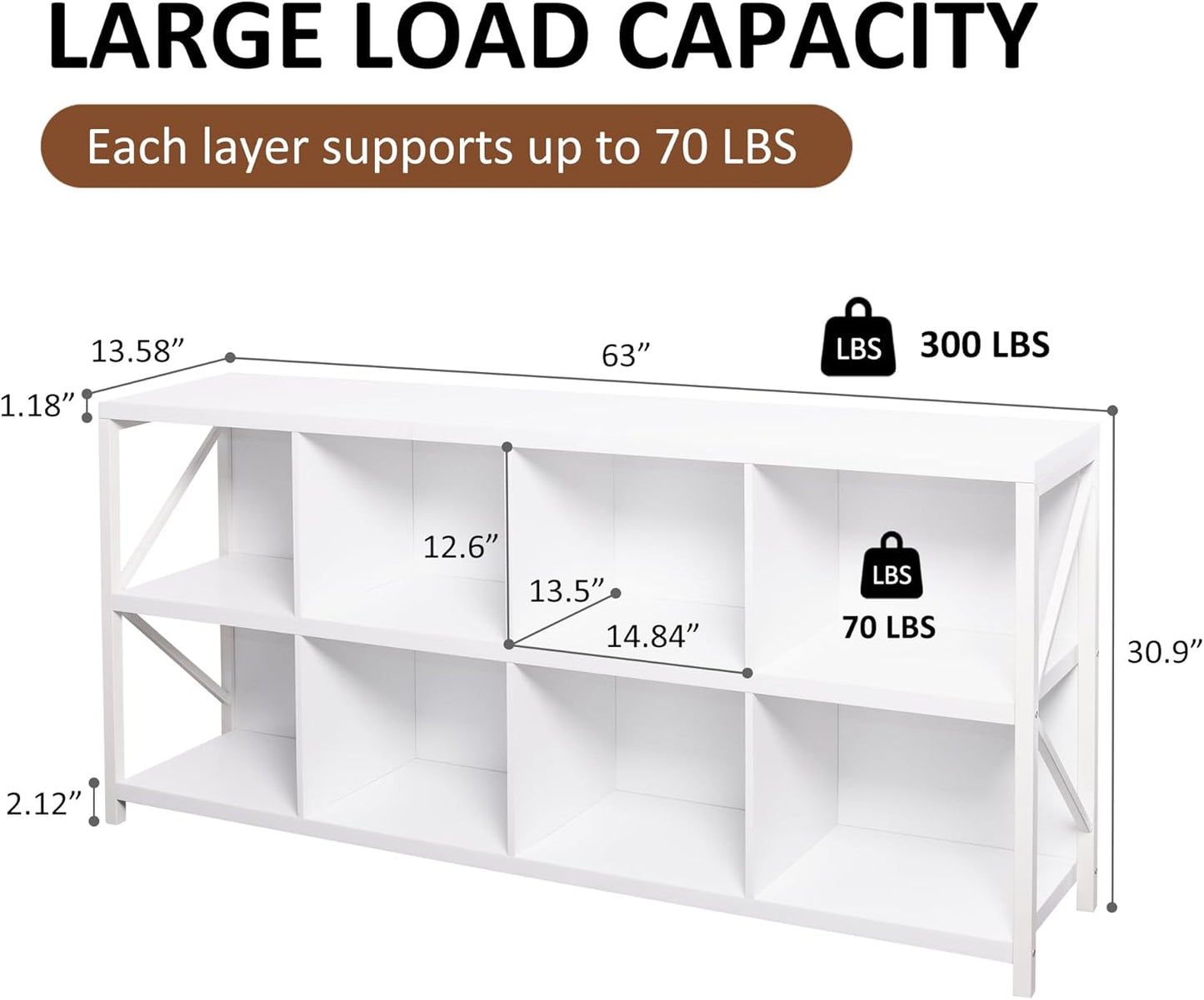 8 Cube Storage Organizer, Industrial Horizontal Bookshelf, Accent Cube Shelf, Corner Bookcase for Living Room, Home Storage, 63 Inches, White