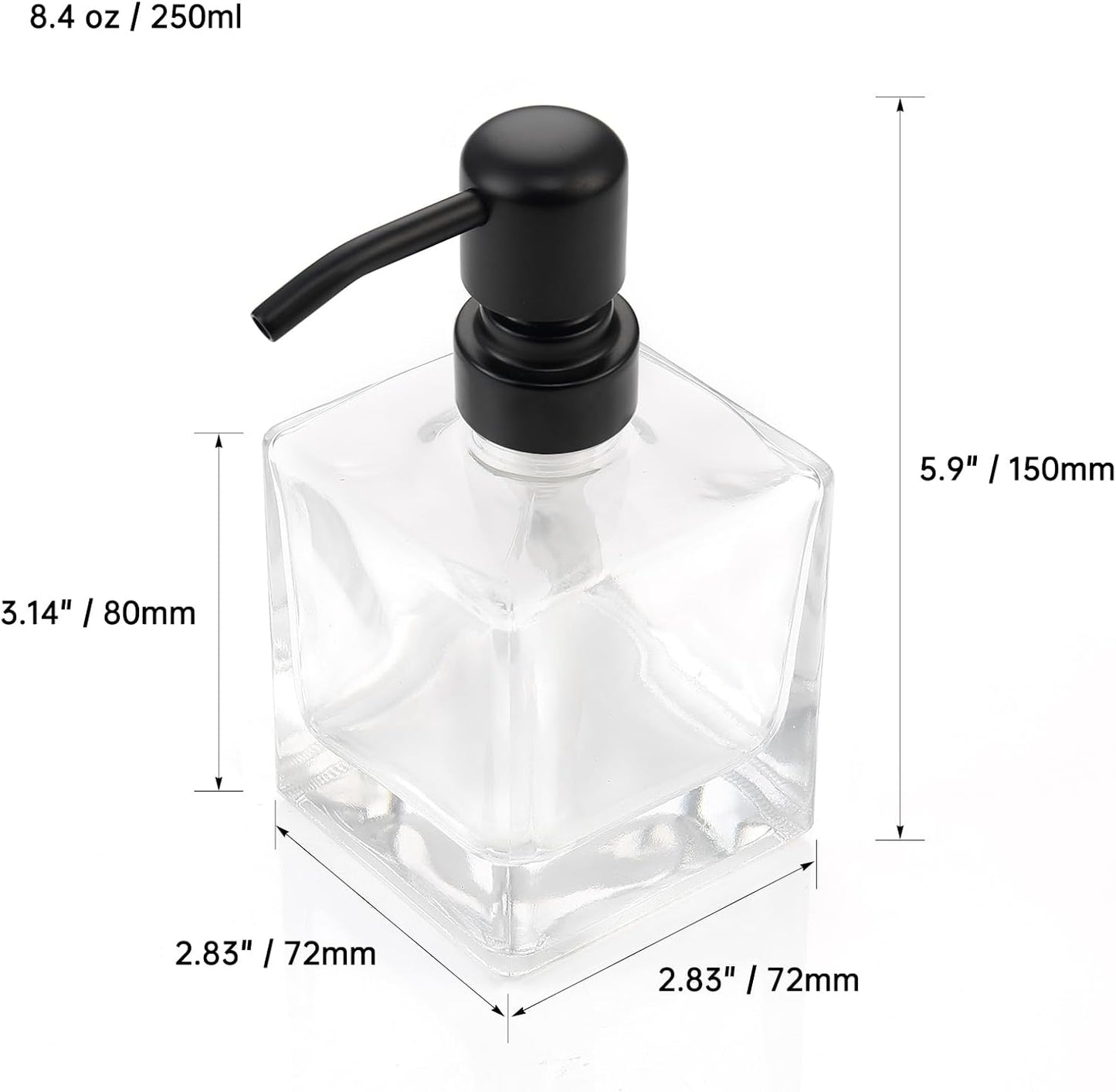 Square Bathroom Soap Dispenser Black, 8.4 oz Glass Bottles with Stainless Steel Pump Cube Liquid Hand Soap Dispenser Kitchen