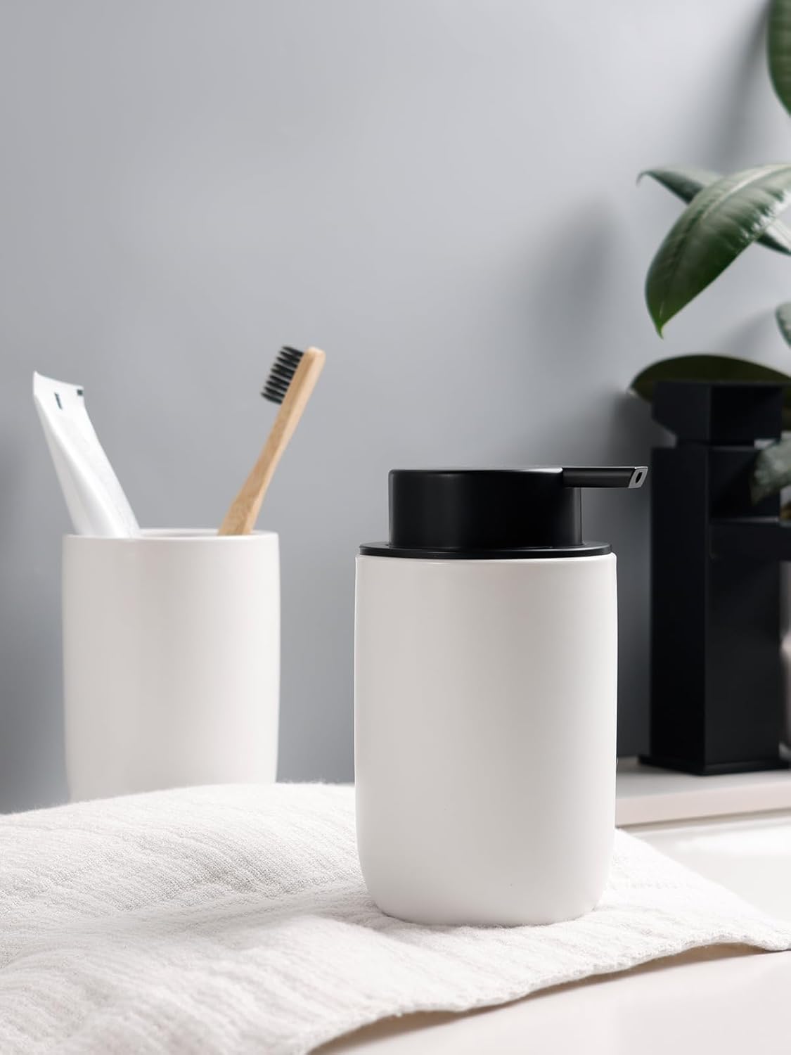 Bosilunlife Soap Dispenser and Toothbrush Holder Set - 11Oz Dish Hand Soap Dispenser Pump Ceramic Bathroom Counter Soap Toothbrush Holder Set White Bathroom Accessories Set