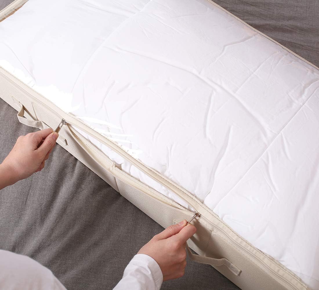 iwill CREATE PRO Pack of 2, Visible Lid Underbed Clothes Storage Bins for Shoes, Blankets, Sheets Organizer, 6" Height 7" Tall Under the Bed Storage Containers, Beige