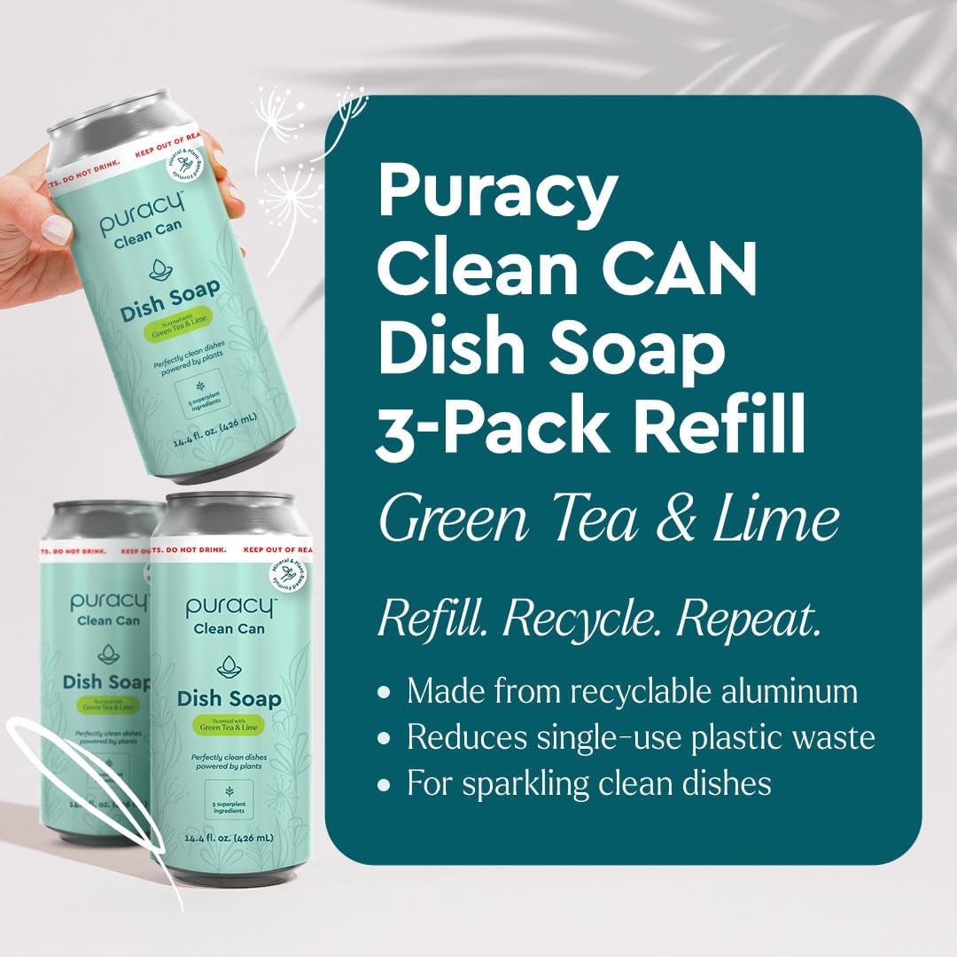 Puracy Natural Dish Soap Clean Can Refill - Plant-Based Dishwashing Soap, Non-Toxic Dish Soap, Natural Liquid Dishwashing Detergent Soap As Seen on TikTok (Green Tea & Lime, 14.4 fl oz, 3 Pack)