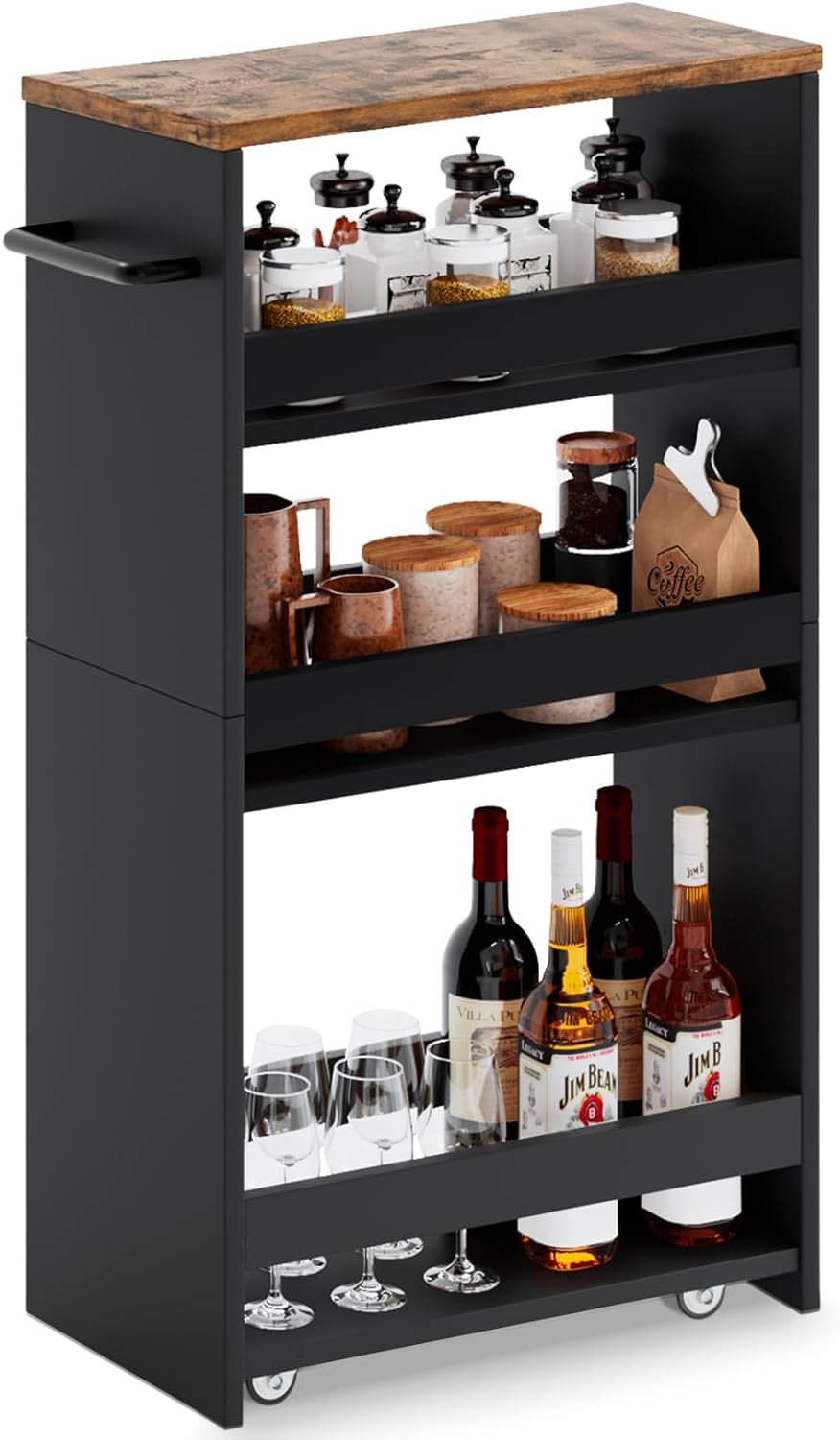 MARTY Rolling Storage Cart 7.9" W, 4-Tier Kitchen Cart with Wheels Handle, Slim Storage Cart Mobile Shelving Utility Carts for Bathroom Laundry Room Organization Narrow Places (Black)