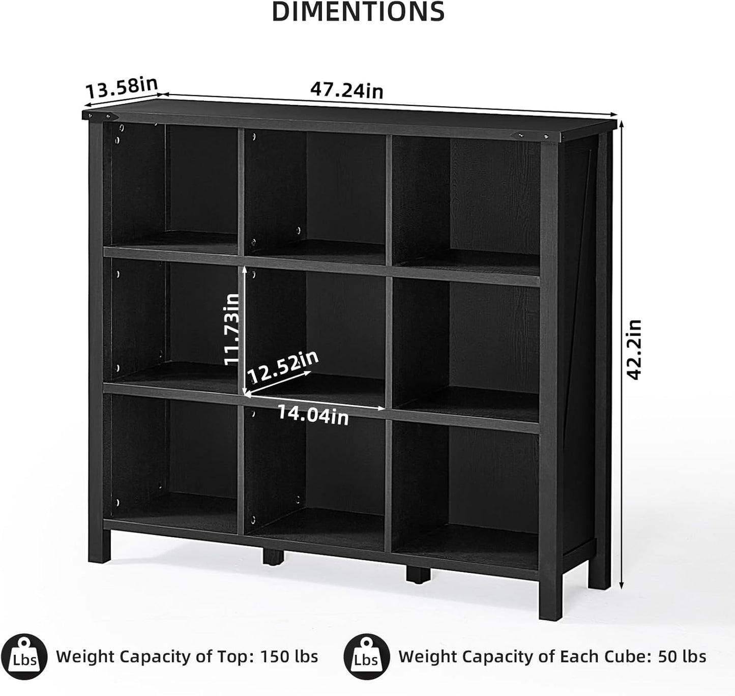 9 Cube Bookcase, Farmhouse 47 Inch Wide Black Bookshelf, Wooden 3 Tier Display Large Open Book Shelf, Vintage Horizontal Book Case for Home Office, Cubby Storage Cabinet for Living Room