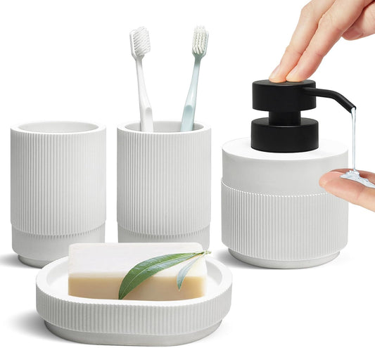 Resin Bathroom Accessories Set, 4 Pcs Modern Bathroom Accessory Set with Liquid Plastic Pump Lotion Soap Dispenser,2 Toothbrush Cup, Soap Dish Countertop Vanity Organizer(White)