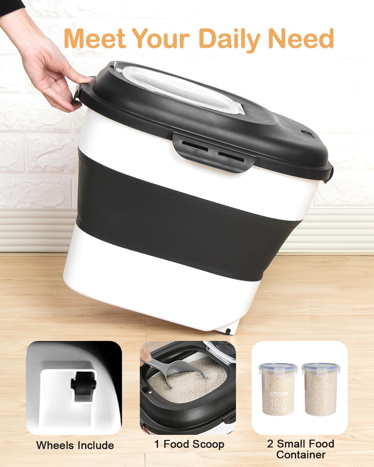 20-50 Lbs Food Storage Containers,Collapsible Rice Container with Wheel Airtight Locking Lid,Flour Storage Container with Small Food Container and Scoop,Suitable for Food,Rice,Pet Food,Flour