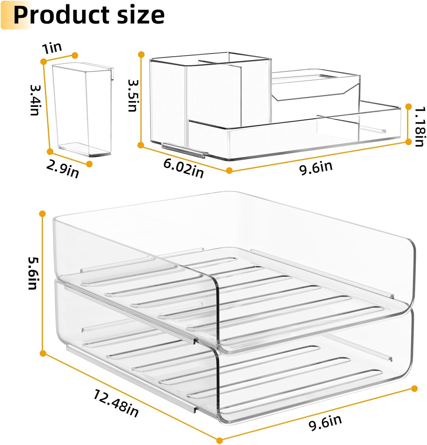 YKLSLH Paper Organizer Letter Tray - Acrylic Stackable Desk File Organizer with 5-Gird Tray and Pencil Holder, Clear Paper Sorter Office Organizer for Letter/A4, Office File Ipad Books Notes Etc