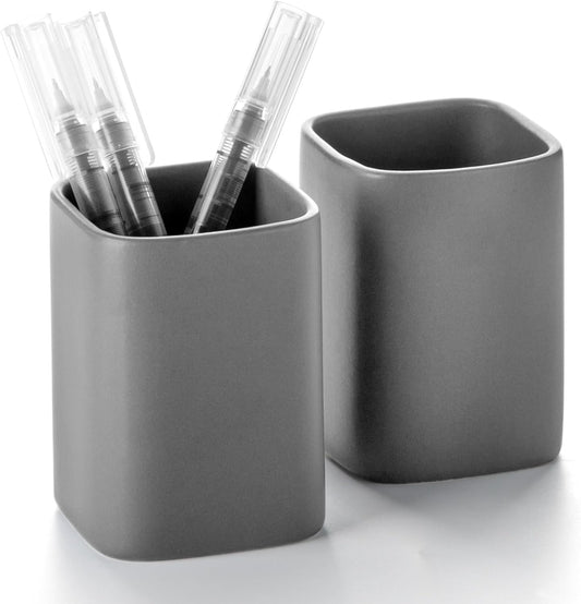 Pen Holder, 2 Pack Pencil Holder for Desk ,Ceramic Pencil Cup Desk Organizer, Makeup Brush Holder Cute, Stationery Accessories for Office, School, Home (Matte gray)