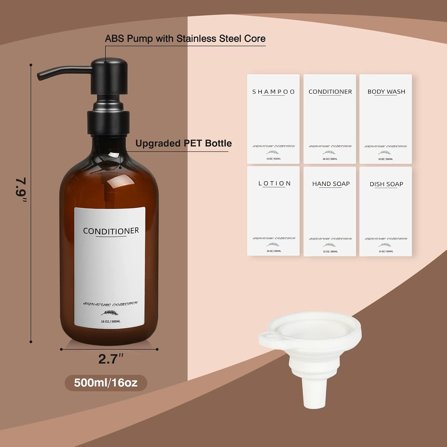 Shampoo and Conditioner Dispenser, 16.9oz Refillable Shampoo and Conditioner Bottles with Matte Pump and Funnel, Modern Shower Dispenser with Waterproof Labels for Hotel Home Bathroom