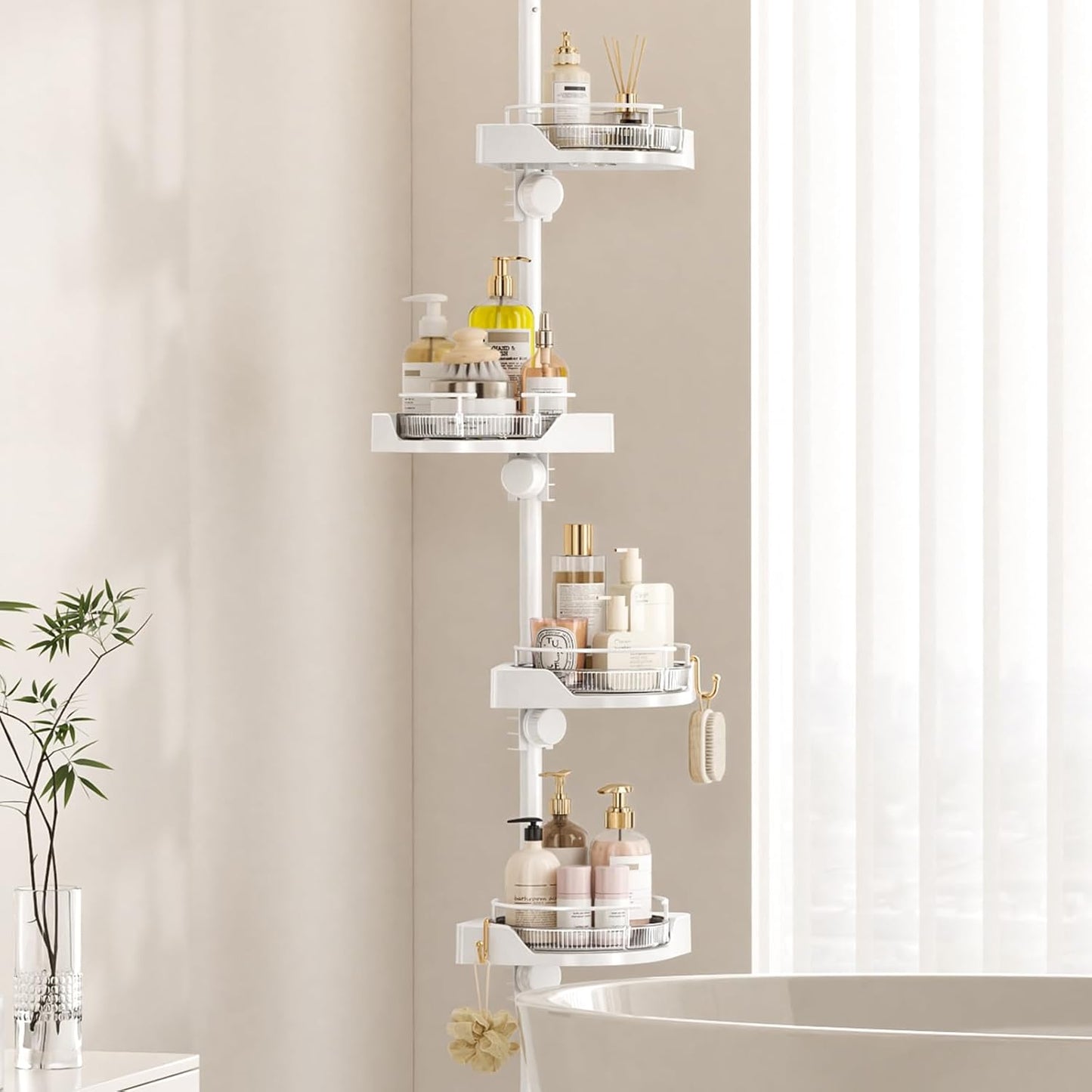 Shower Caddy Tension Pole with 4 L-Lazy Susan Organizer 360 Rotating 35-128 Inch No Drilling Floor Standing Shelves Adjustable Shower Rack for Bathroom Corner (White)