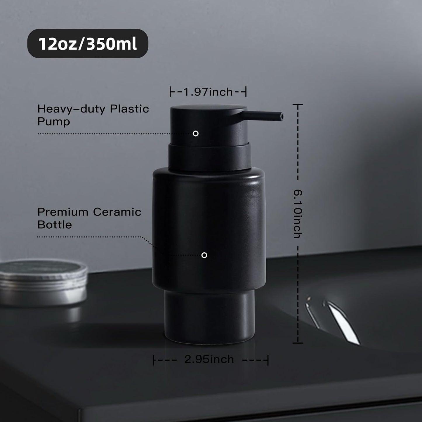 Fun Elements Black Soap Dispenser, 12oz Luxury Bathroom Soap Dispenser, Creamic Liquid Dispenser for Bathroom, Modern Minimalist Style