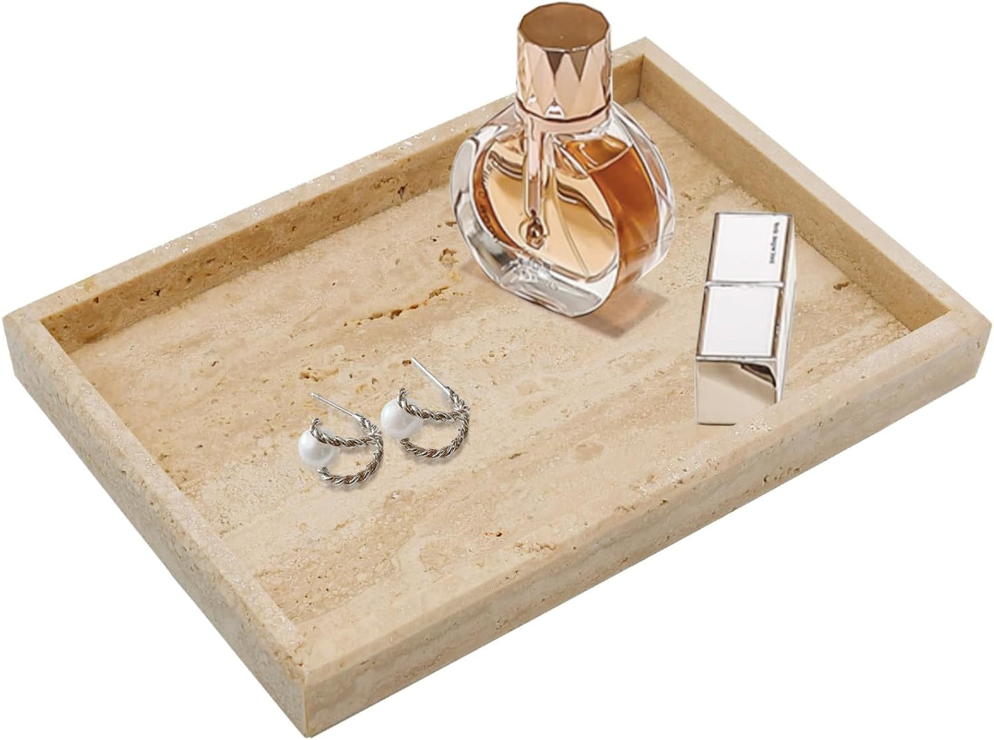Real Natural Travertine Tray for Bathroom, Vanity, Kitchen and Desktop, Rectangle Genuine Travertine Stone Tray for Jewelry, Cosmetics, Candles, Lotion, Perfume and Home Decor