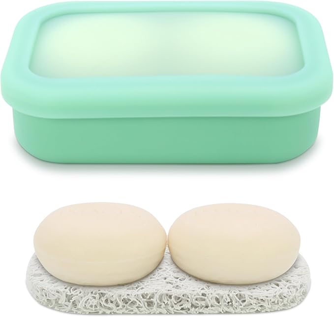 OLAMAR Solid Shampoo Bar Holder,Silicone Travel Soap Case,Enhanced Leak Proof Soap Container with Drainage Layer Soap Holder, Suitable for Bathroom,Camping and Gym (Green, Large)