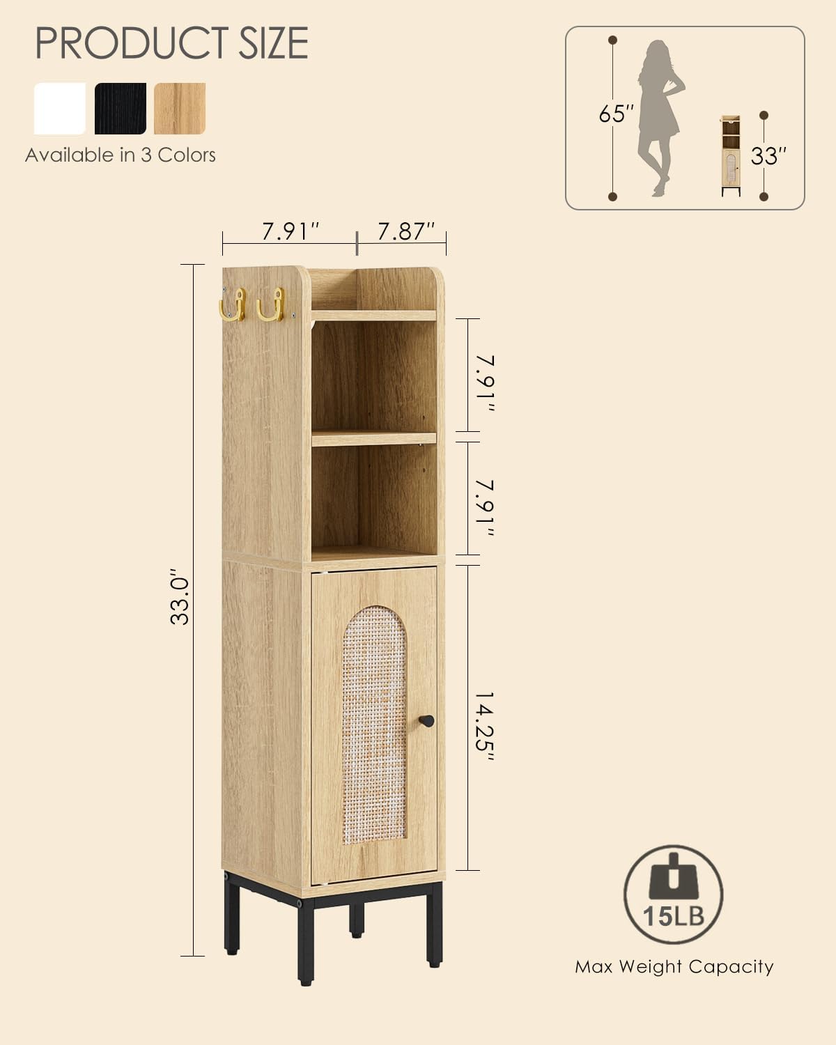 Bathroom Storage Cabinet, Small Corner Floor Hutch with 2Hooks,Narrow Toilet Paper Cabinet with Rattan Door,Bathroom Organizer with Adjustable Shelf, for Small Spaces,Oak
