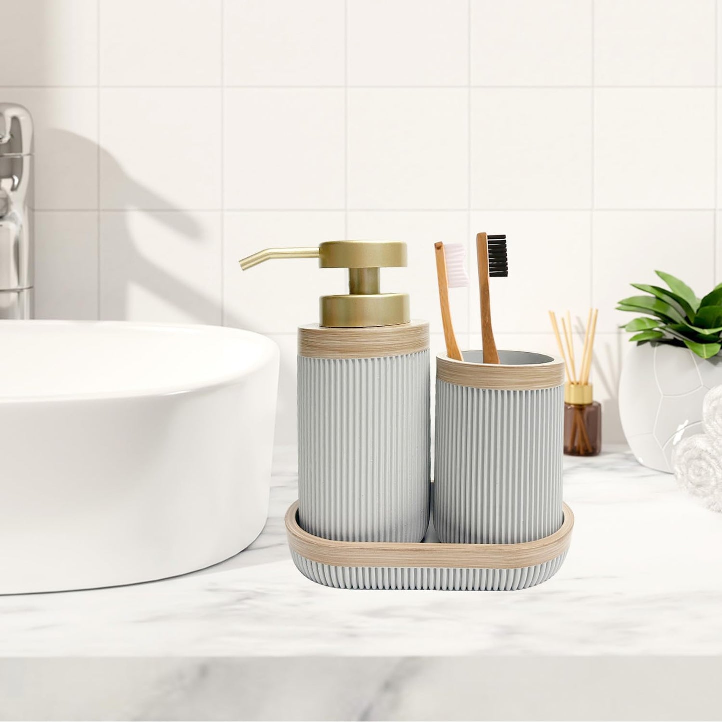 3-Piece Bath Accessories Set with Vanity Tray, Lotion Soap Pump, Bathroom Tumbler, Countertop Organizer, Grey