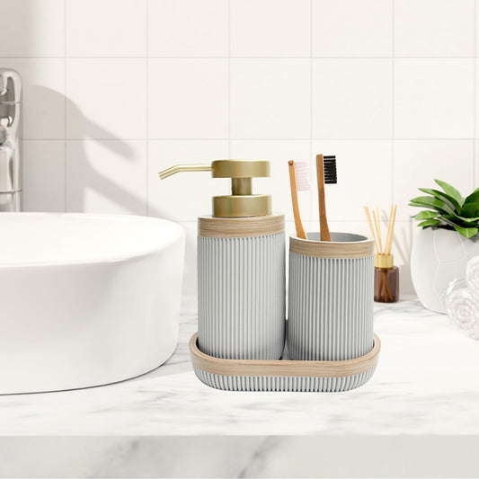 3-Piece Bath Accessories Set with Vanity Tray, Lotion Soap Pump, Bathroom Tumbler, Countertop Organizer, Grey