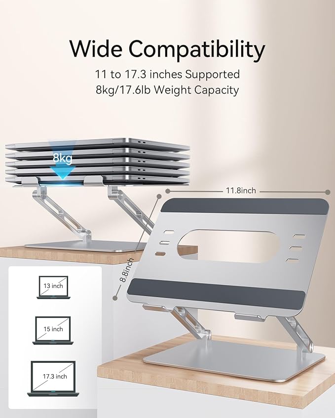Foldable Aluminum Laptop Stand for 10-17.3" Laptops, Height Adjustable Portable Ergonomic Computer Holder, Space Saving Desk with Heat Dissipation. Compatible with MacBook/Dell/HP etc, Silver