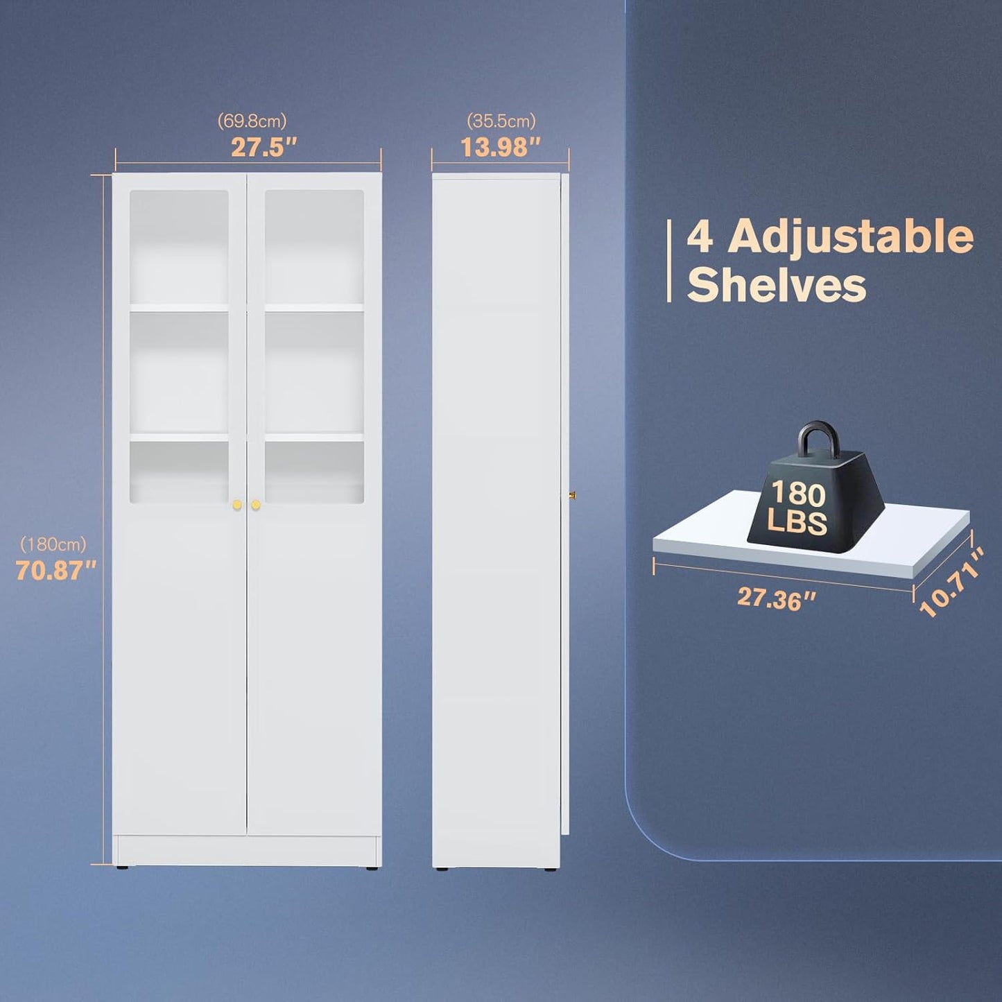 5 Tier Metal Curio Cabinets, Modern Bookshelf Cabinet with 4 Adjustable Shelves, Cabinet Display Case for Home Office, Living Room, Pantry (White-27.5W-Metal Door)