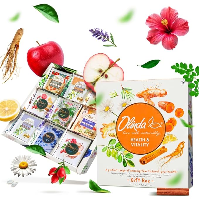 Olinda Health & Vitality Tea Gift Box Tea Samplers Organic Tea Bags Low Caffeine Detox Energy Tea Natural Herbal Gift Set Premium 9 Variety Pack Individually Wrapped 45 Tea Bags 1 Tea Box Tea Gifts for Women