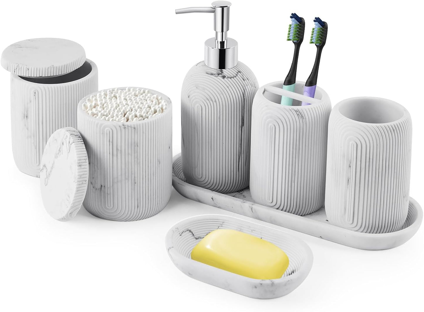 Bathroom Accessories Set - 7-Piece Resin Bathroom Set, Toothbrush Holders Set, Soap Dispenser, Qtip Holder Dispenser, Tumbler, Soap Dish & Tray, Modern Bath Decor for Home Dorm Hotel (Marble White)