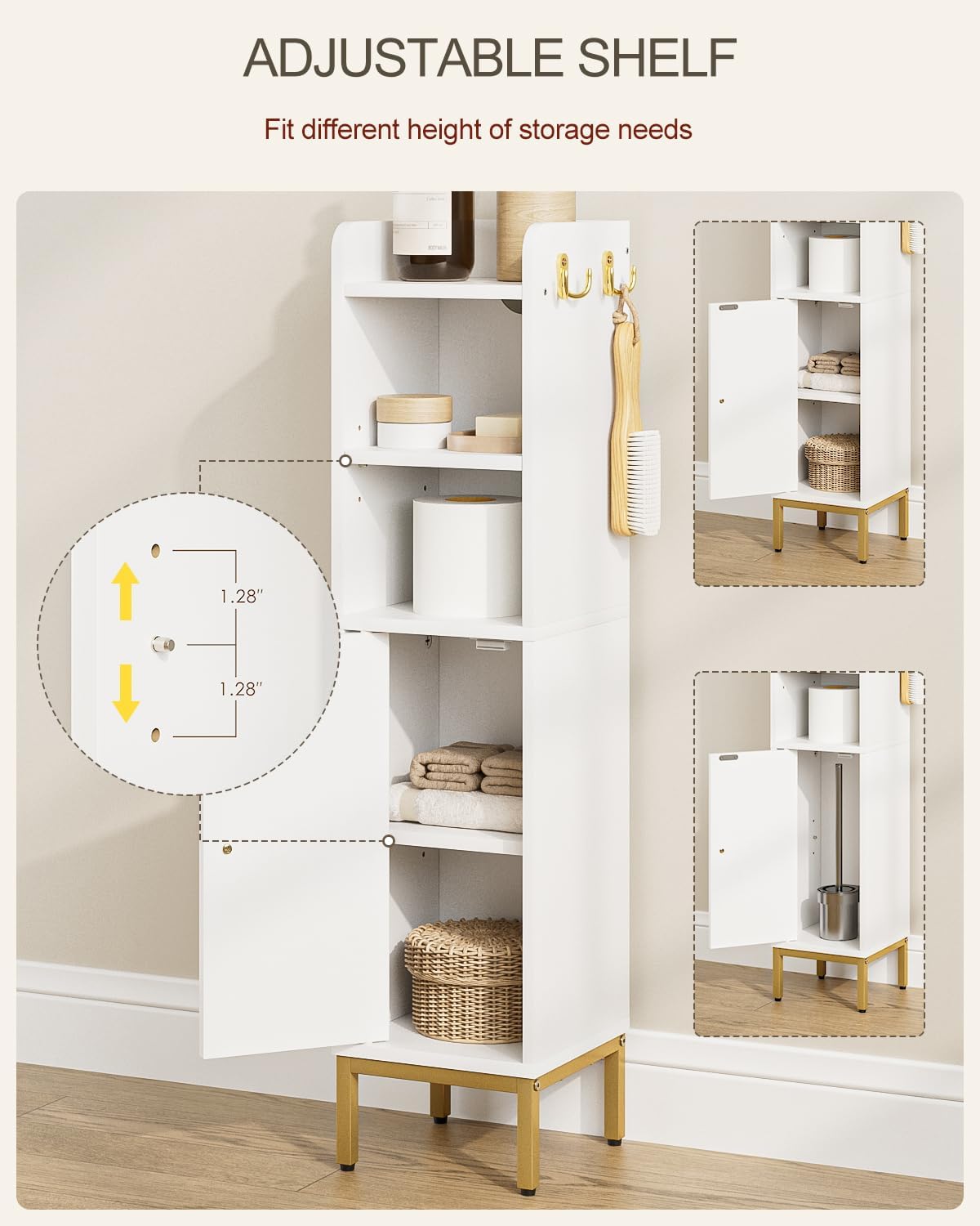 Bathroom Storage Cabinet, Small Corner Floor Hutch with Door and Adjustable Shelves, Narrow Toilet Paper Cabinet with Two Hooks, Bathroom Organizer for Small Spaces