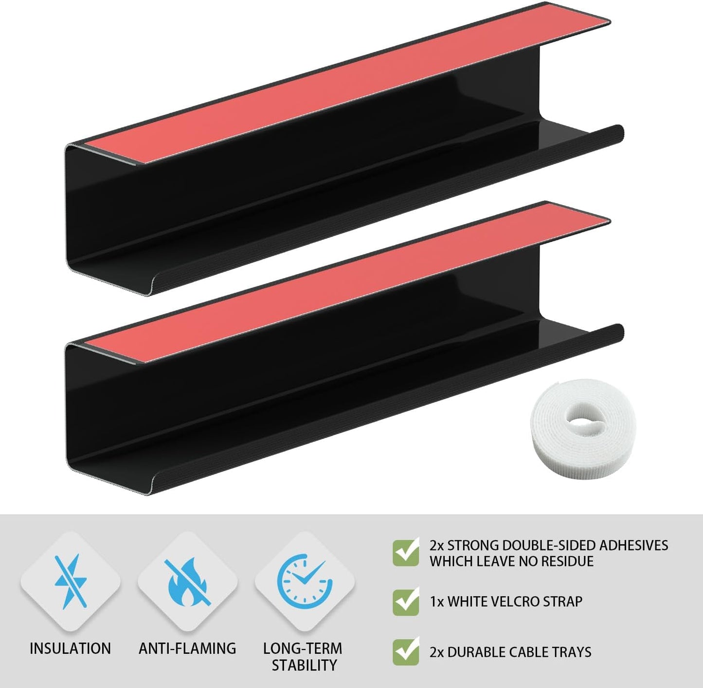 2 Pack No-Screw Cable Management Under Desk, Self-Adhesive Cord Organizer, Wire Management Tray for Office and Home (Black)