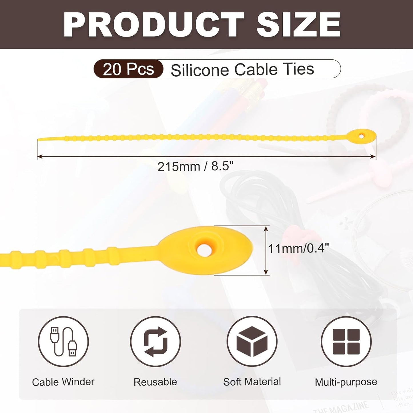 uxcell 20 Pcs Silicone Ties Bag Clip, 8.5 Inch Multi Purpose Silicone Zip Ties Reusable Rubber Zip Tie, Cable Strap Cord Organizer for Home Office Food Bag Wires Cables, Yellow