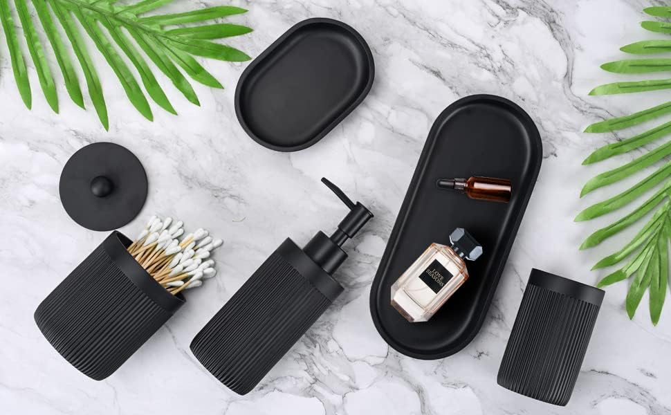 Bathroom Accessory Set 5Pcs-Lotion Soap Dispenser,Toothbrush Holder,Qtip Holder Dispenser,Vanity Tray and Soap Dish-Modern Bathroom Decor Vanity Countertop Organizer,Matte Black