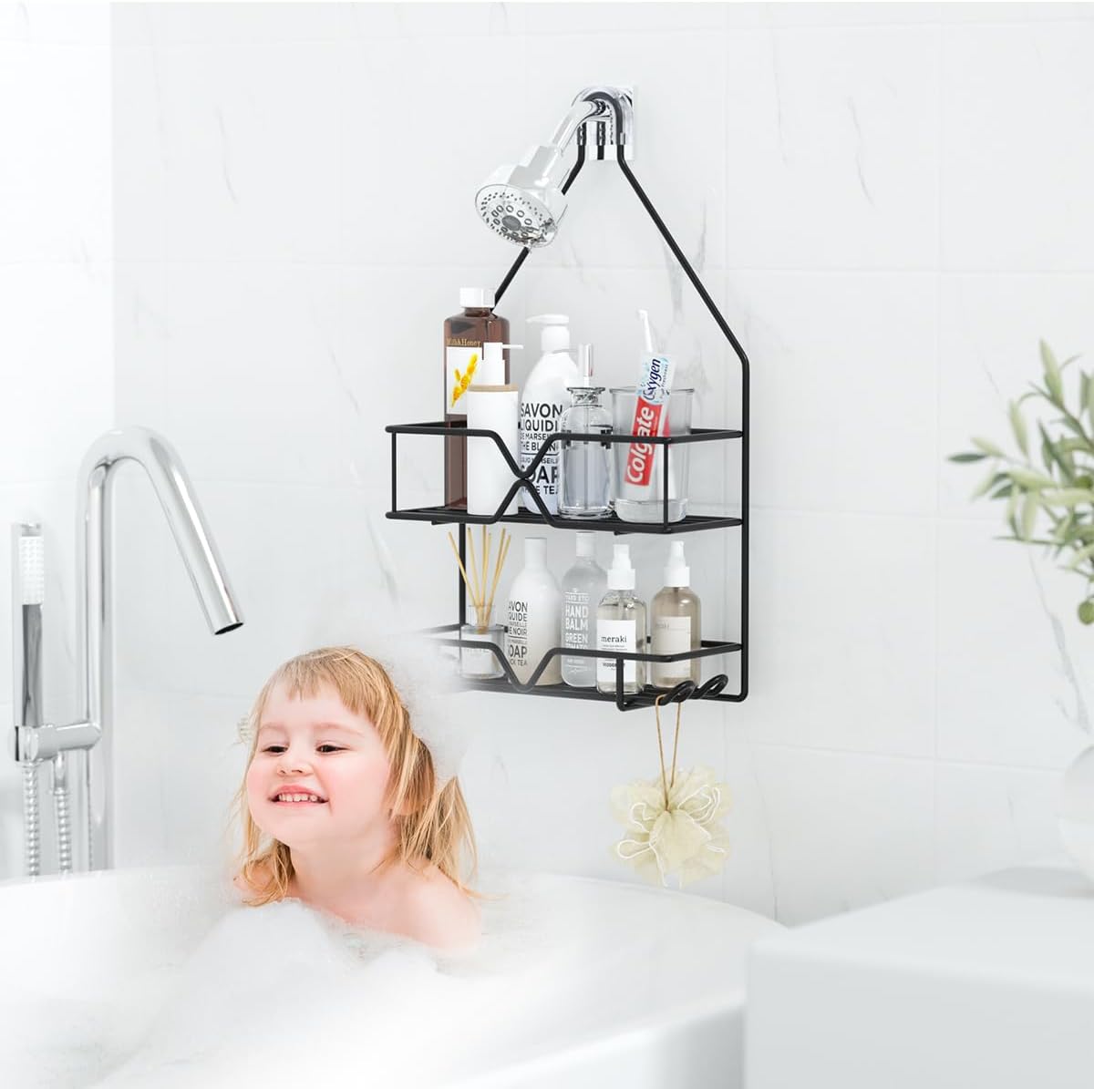 TreeLen Shower Organizer Hanging Caddy over Head - Black Bathroom Shower Hanger for Shampoo Razor Soap
