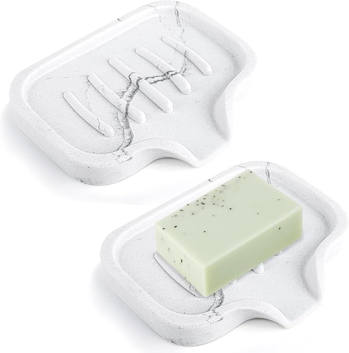 Self Draining Soap Dish- 2 Pcs Bar Soap Holder for Shower, Marble Look Large Soap Savers Soap Tray Sponge Holder for Kitchen Bathroom Bathtub Sink, White