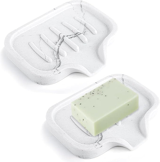 Self Draining Soap Dish- 2 Pcs Bar Soap Holder for Shower, Marble Look Large Soap Savers Soap Tray Sponge Holder for Kitchen Bathroom Bathtub Sink, White