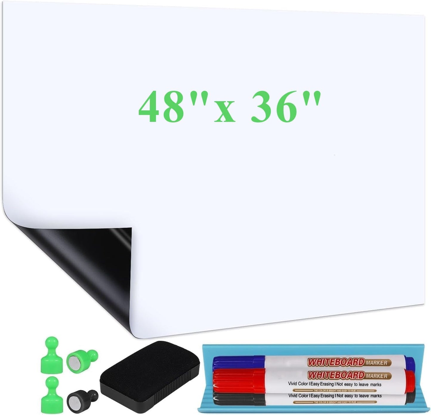 White Board Sticker Adhesive Backing, 48" x 36" Magnetic Dry Erase Board Contact Paper Stick on Wall, Whiteboard Sheet for Teacher Kids Classroom, Include Markers, Eraser with Magnet