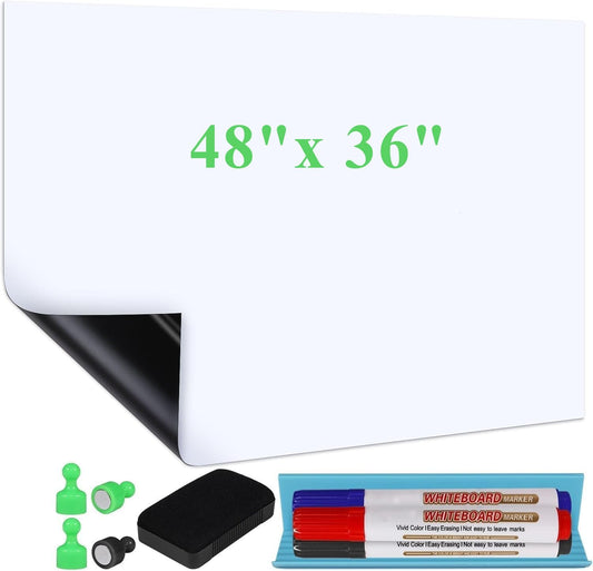 White Board Sticker Adhesive Backing, 48" x 36" Magnetic Dry Erase Board Contact Paper Stick on Wall, Whiteboard Sheet for Teacher Kids Classroom, Include Markers, Eraser with Magnet