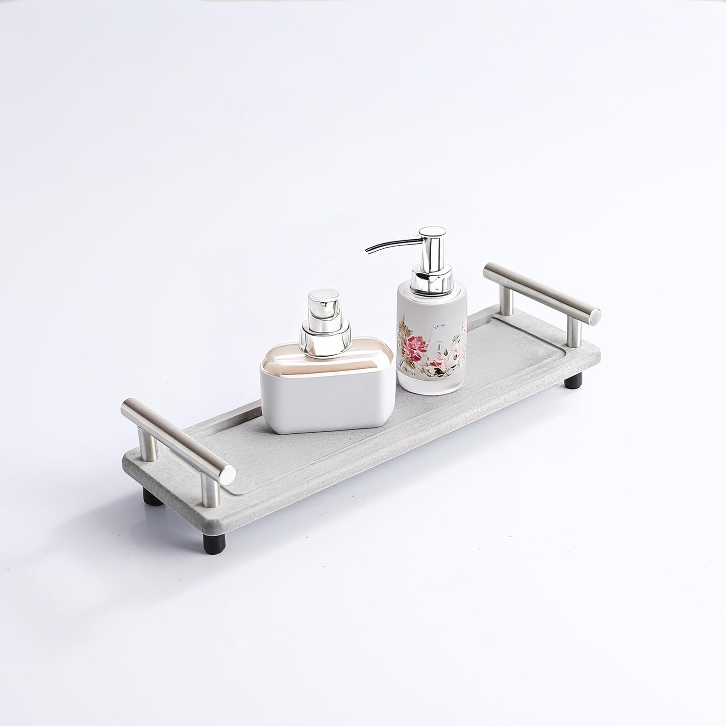 2PCS Instant Stone Drying Tray for Bathroom Kitchen, Bathroom Counter Decoration, Quick Dry Stone Sink Tray, Fast Drying Sink Caddy, Water Absorbing Sink Caddy (Light Grey & Silver Handle, Small)