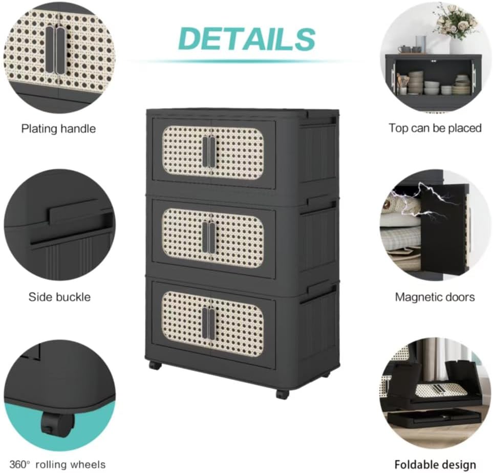 Holaki 156 QT Storage Bins with Lid, 4 Tiers Collapsible Plastic Storage Bins Storage Cabinet Box with Wheels and Magnetic Door for Home Closet Organizers(Retro Black)