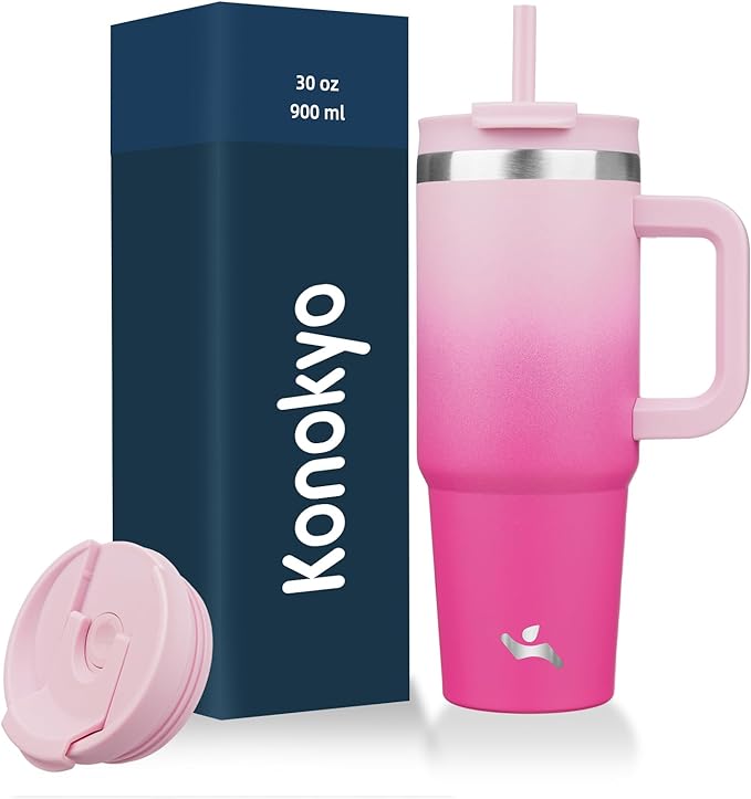 30 oz Tumbler with Handle and 2 Straws,2 in 1 Lid Insulated Water Bottle Stainless Steel Travel Coffee Mug,Cherry Blossoms