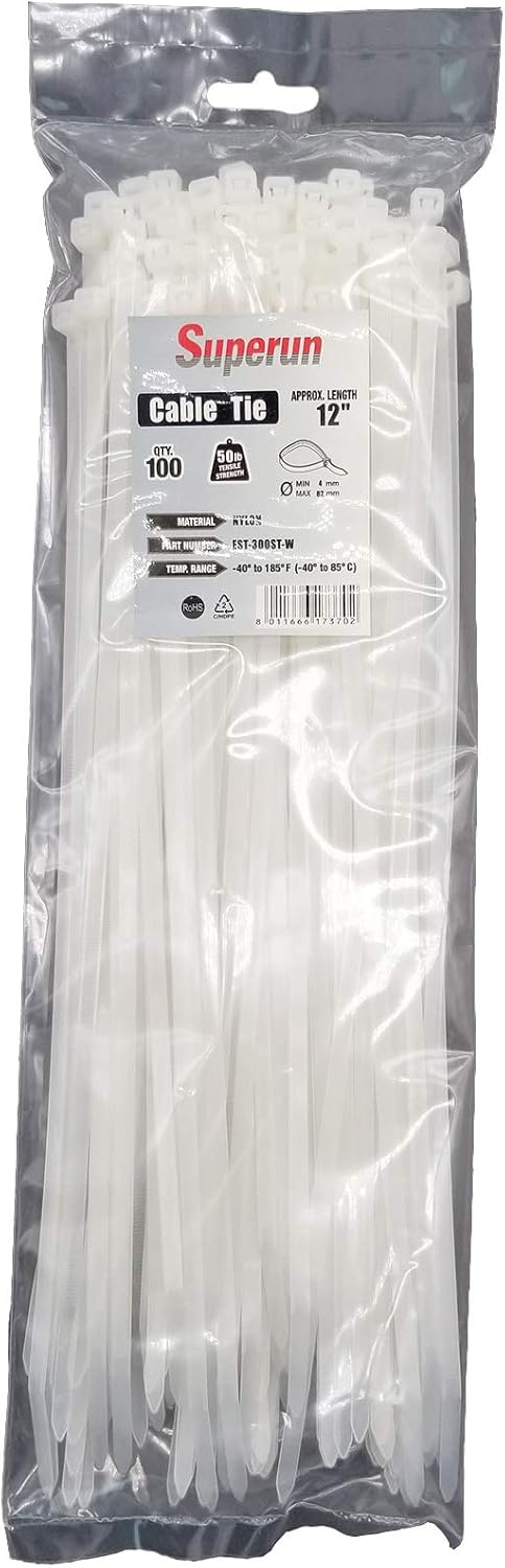 Superun Heavy Duty Zip Ties 12 Inch, 50 Lbs Tensile Strength Selflocking Wire Ties (Industrial Grade Cable Ties) Pack of 100 White