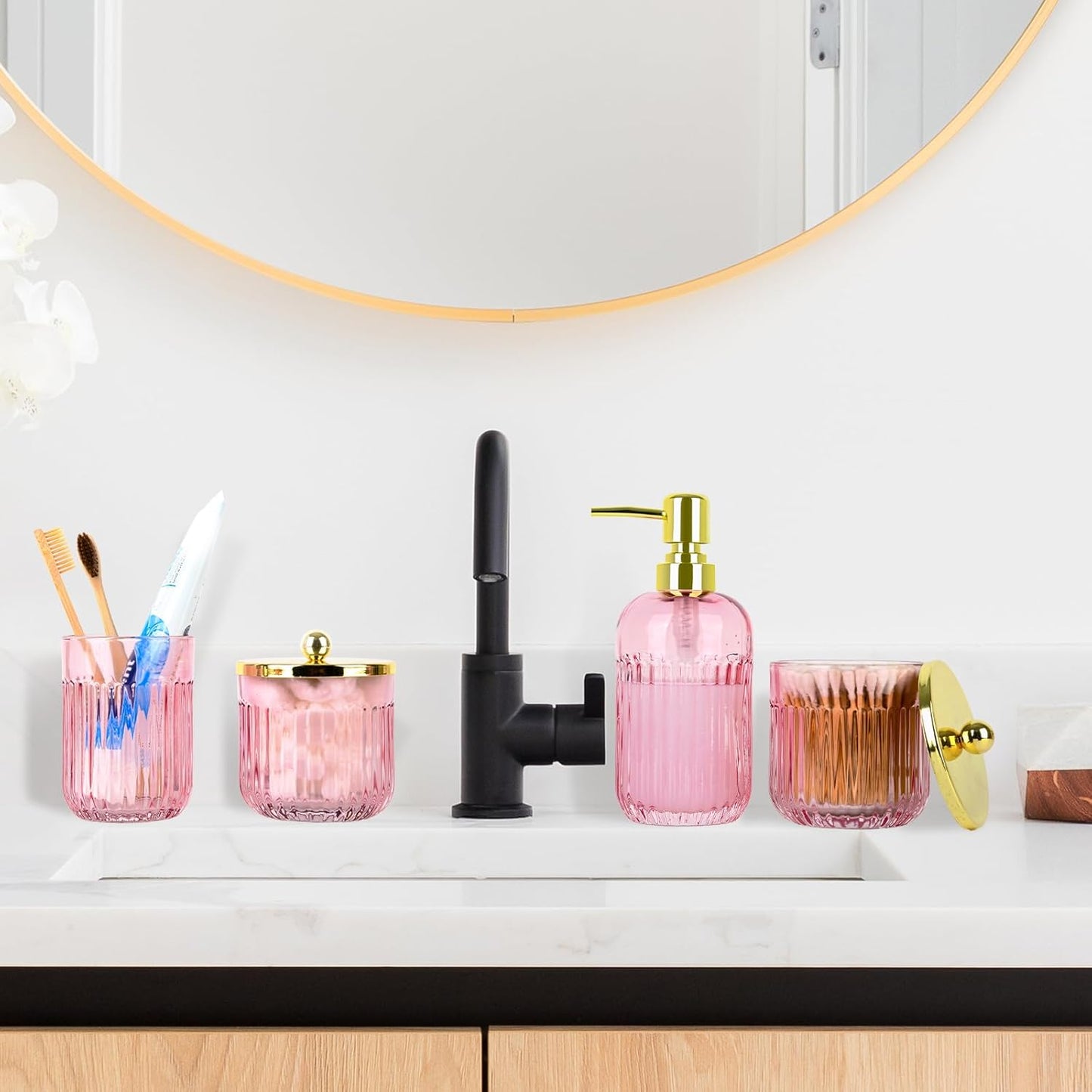Bathroom Accessories Set,4 Pcs Pink Glass Bathroom Accessories Set with Toothbrush Holder,Lotion Soap Dispenser,2 Qtip Holder Dispensers - Countertop Organizer for Modern Bathroom Decor - Pink