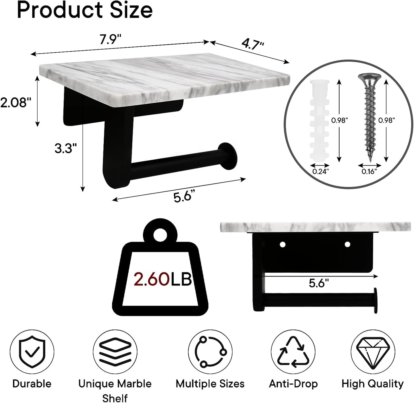 Toilet Paper Holder with Natural Marble Shelf for Bathroom Washroom,Wall Mounted Tissue Holder Suitable for Mega Rol(Middle 7.87 * 4.72 in, Matte Black)