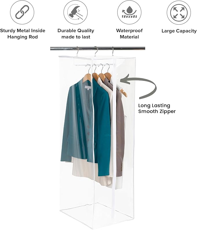 Garment Bag - Clear Hanging Closet Organizer - Durable Zippered Cover with Rod Protects Dresses, Suits, and Jackets from Dust and Moist- Top Metal Frame to Keep All Your Stuff in Shape- 60" x 20" x 15