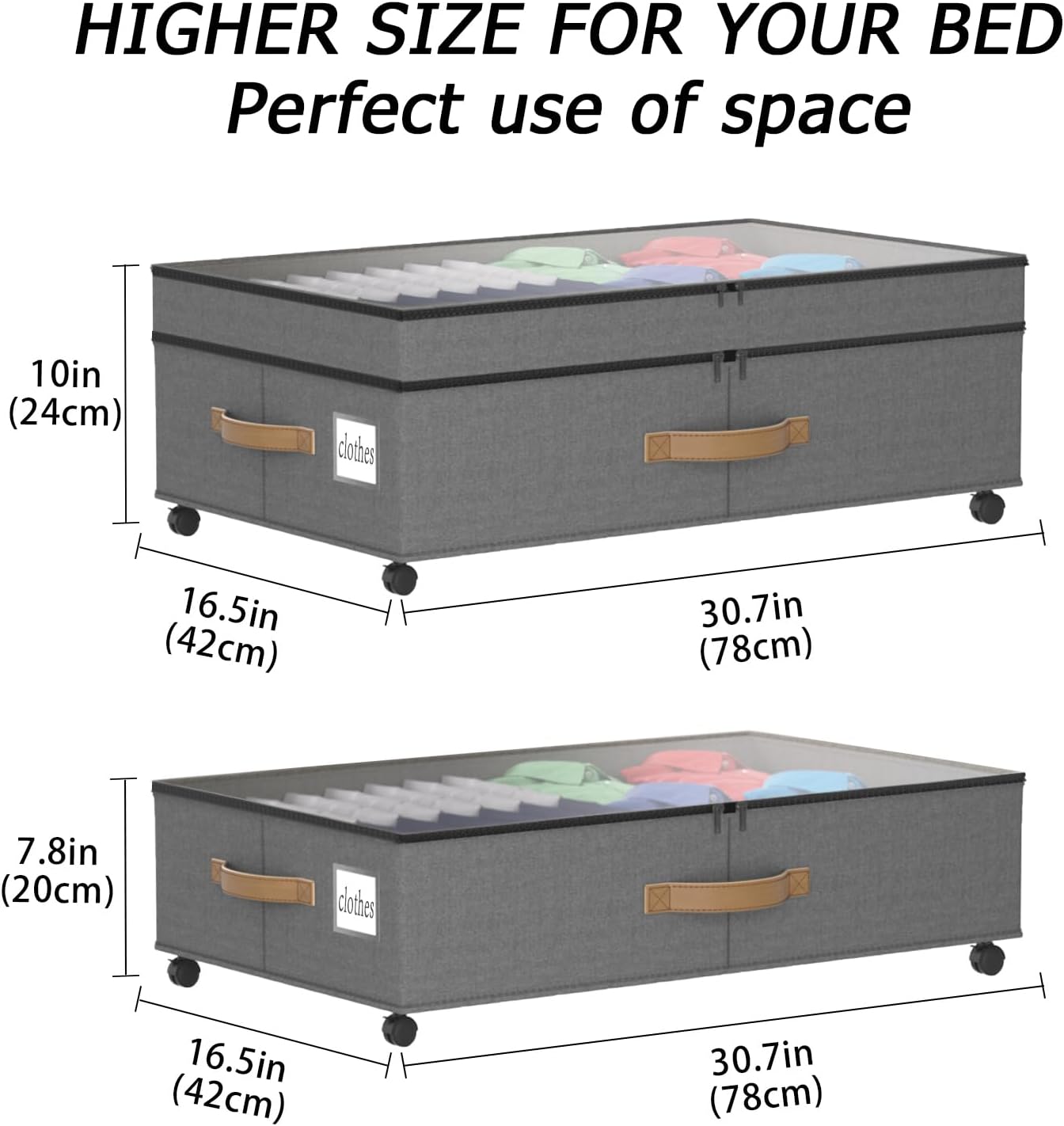 2 Pack Under Bed Storage with Wheels 65L XXL Large Under Bed Storage Containers Box with Lids 10inchs Underbed Storage with Wheels Rolling Under the Bed Storage Bins for Shoes,Clothes,Blankets,Toys