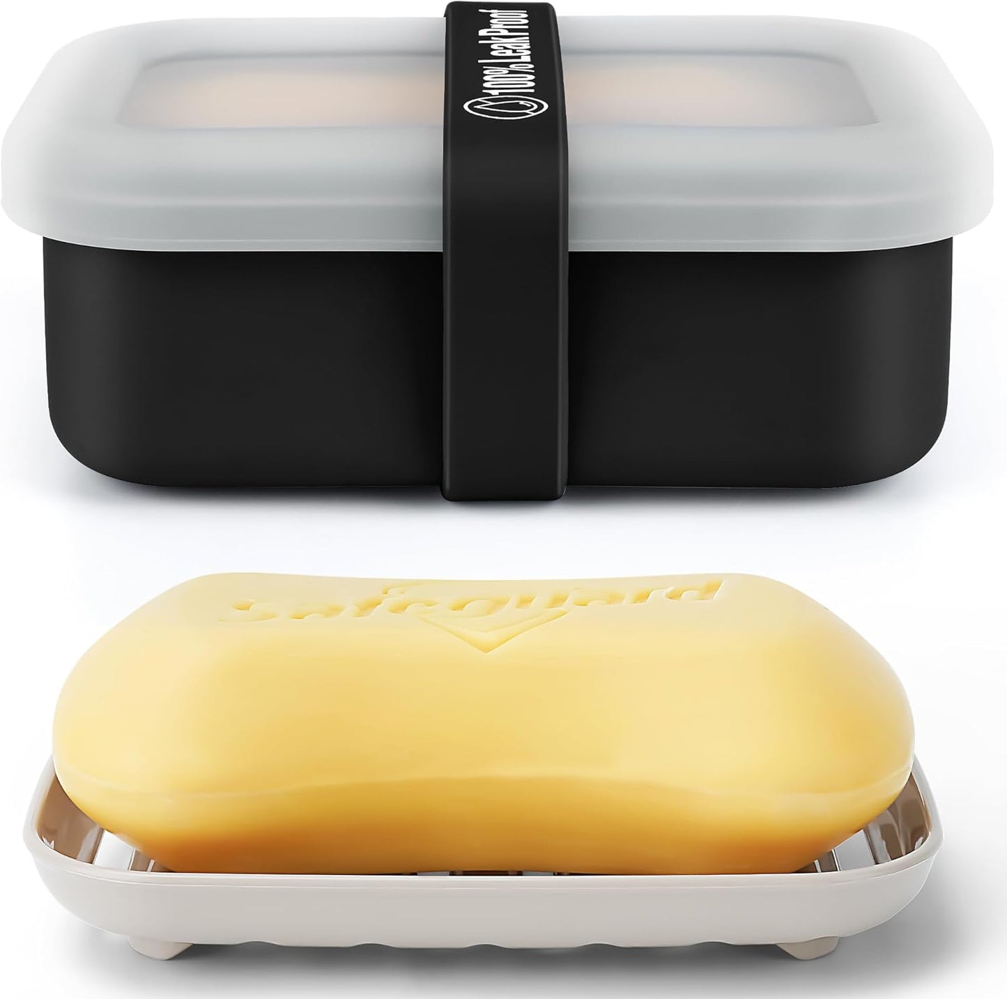 Compact Leakproof Travel Soap Case with Lid & Silicone Strap - Portable Draining Soap Bar Holder for Gym, Bathroom, Camping - Lightweight Silicone Soap Dish Container (Black)