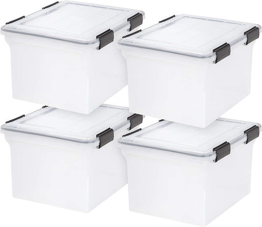 IRIS USA File Box WeatherPro File Organizer Plastic File Box for Letter/Legal File, Water Resistant Document Box, Durable Lid, Seal w/Secure Latching Buckles, Stackable, Nestable, Clear 32 Qt. 4Pack