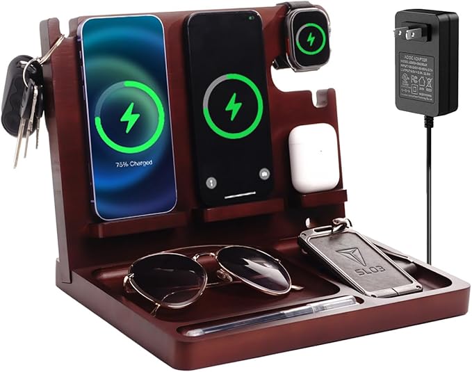 Wood Phone Docking Station,27W Fast Charging 2 Phone Wireless Charging Station for iosPhone/Android/iWatch/Air Pod,Nightstand Organizer for Men/Women,Anniversary,Birthday Gifts for Dad