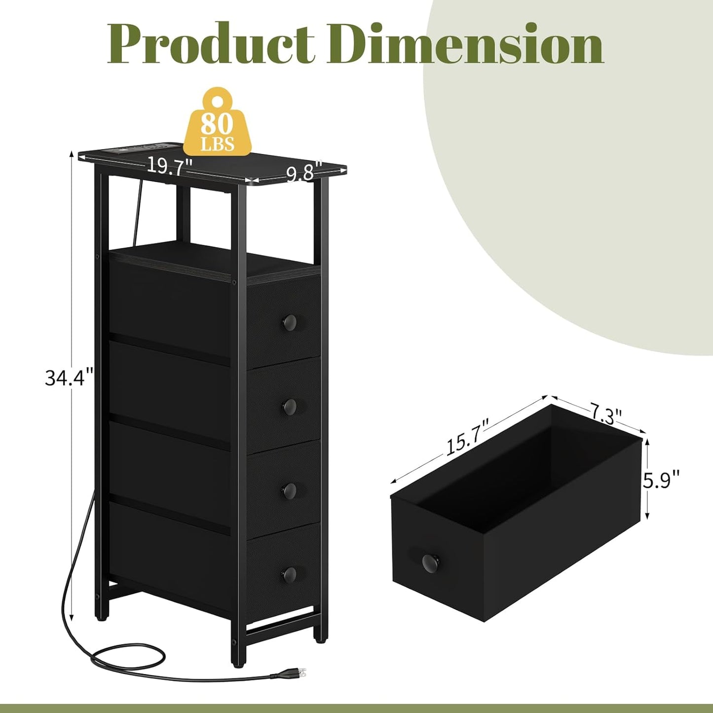 Yoobure LED Narrow Nightstand with Charging Station - Slim Dresser for Bedroom Narrow Side Table Storage Cabinet, Small Dressers Chest of Drawers, Tall Skinny Night Stand End Table for Small Spaces