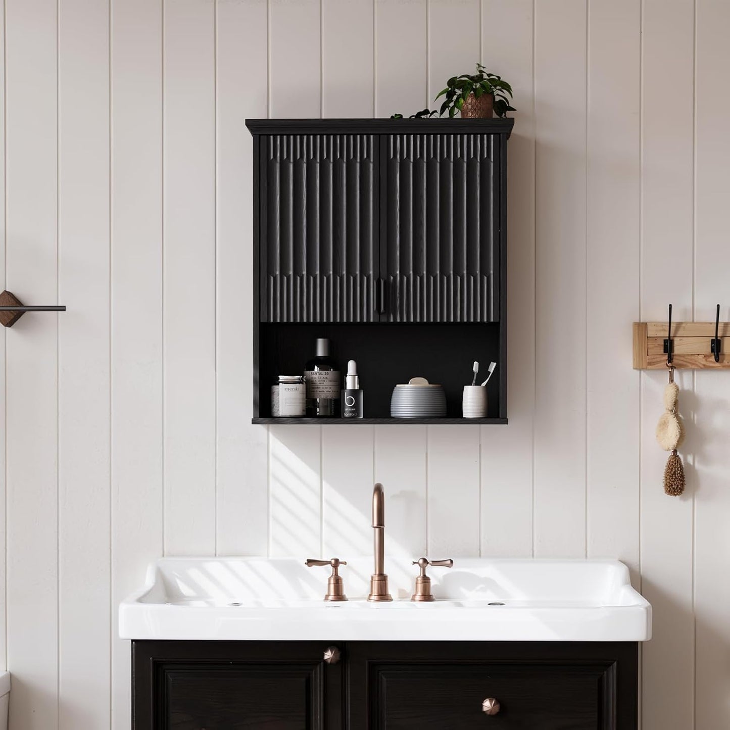 FLOWBACK Wall Mount Bathroom Cabinet, Wooden Medicine Cabinet Storage Organizer with Fluted Doors and Adjustable Shelf, Over The Toilet Space Saver Storage Cabinet (Black)