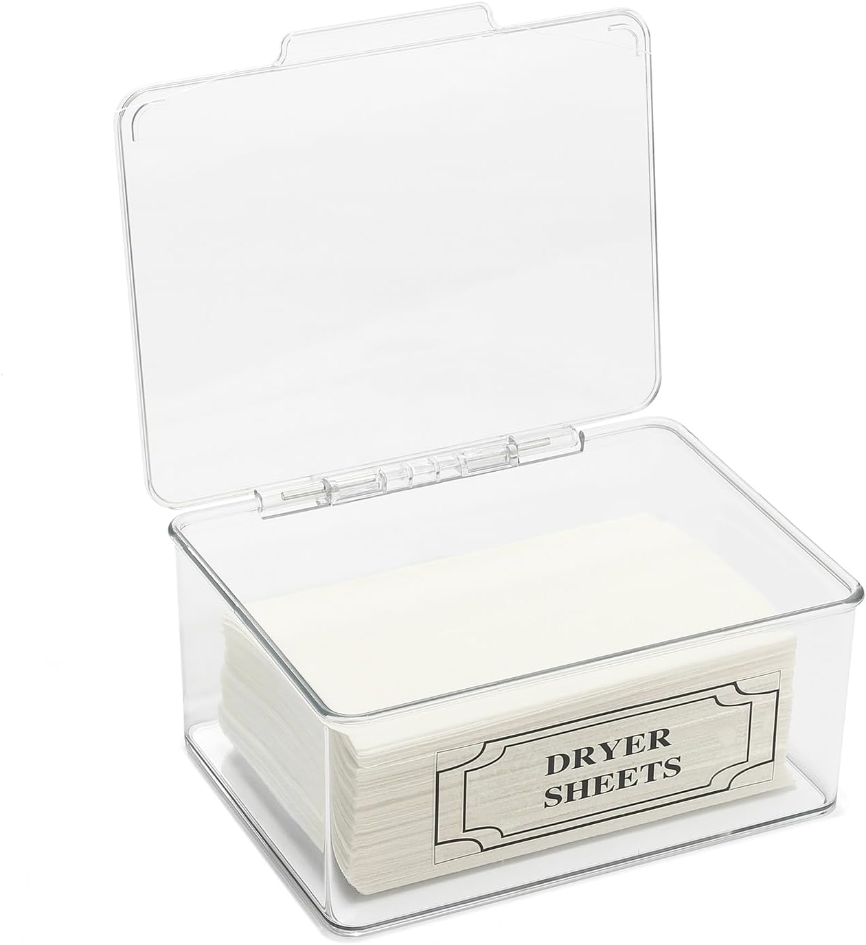 SSTATES Clear Acrylic Dryer Sheets Holder, Flip-top Laundry Pods Container with 2 Label Decals for Laundry Room Organization and Décor, Stackable Storage Box (2 Pack)